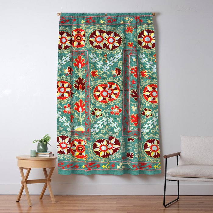Turquoise Suzani Antique Floral Uzbek Embroidery Print Window Curtain Gallery Image 1