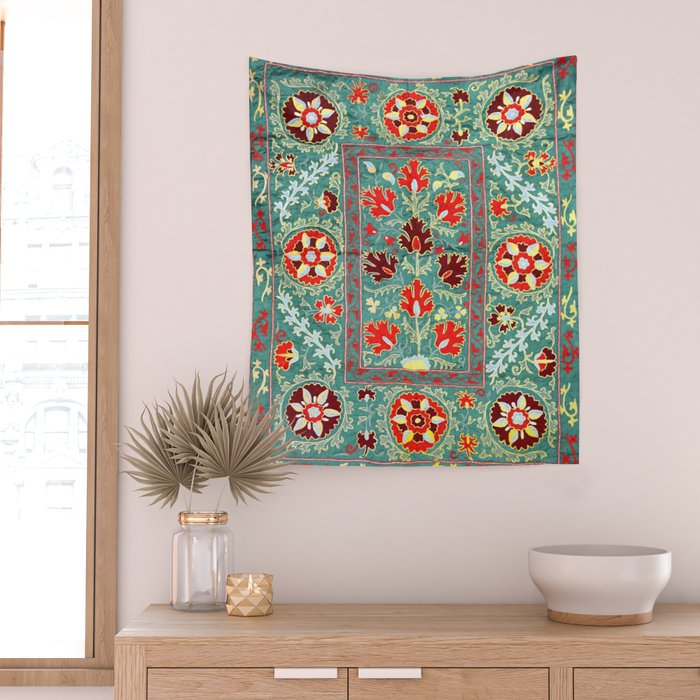Turquoise Suzani Antique Floral Uzbek Embroidery Print Wall Tapestry Gallery Image 2
