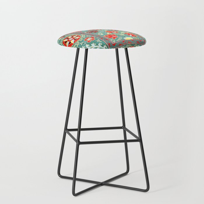 Turquoise Suzani Antique Floral Uzbek Embroidery Print Stool Gallery Image 1