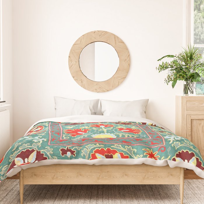 Turquoise Suzani Antique Floral Uzbek Embroidery Print Duvet Cover Gallery Image 3