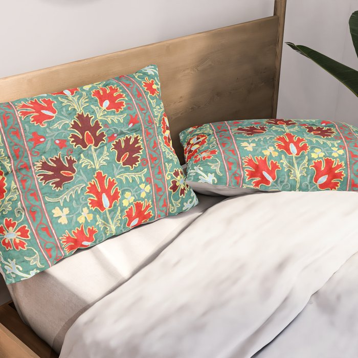 Turquoise Suzani Antique Floral Uzbek Embroidery Print Pillow Sham Gallery Image 2