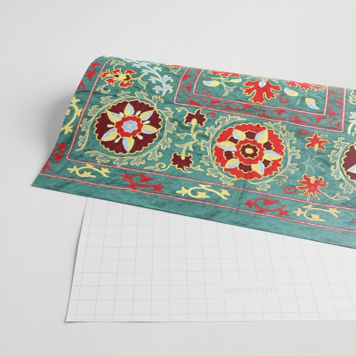 Turquoise Suzani Antique Floral Uzbek Embroidery Print Wrapping Paper Gallery Image 2
