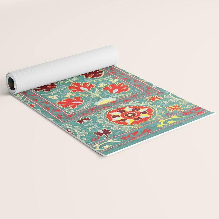 Turquoise Suzani Antique Floral Uzbek Embroidery Print Yoga Mat Gallery Image 2
