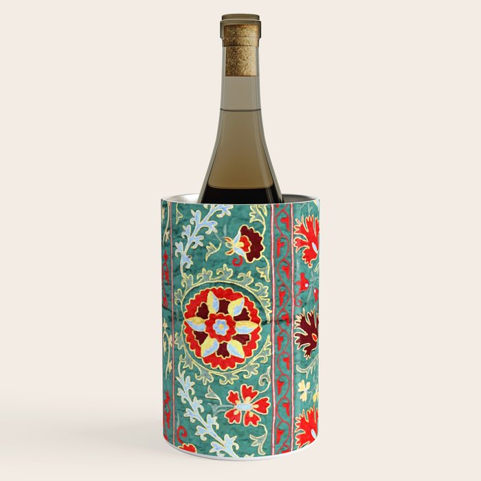 Turquoise Suzani Antique Floral Uzbek Embroidery Print Wine Chiller Gallery Image 2