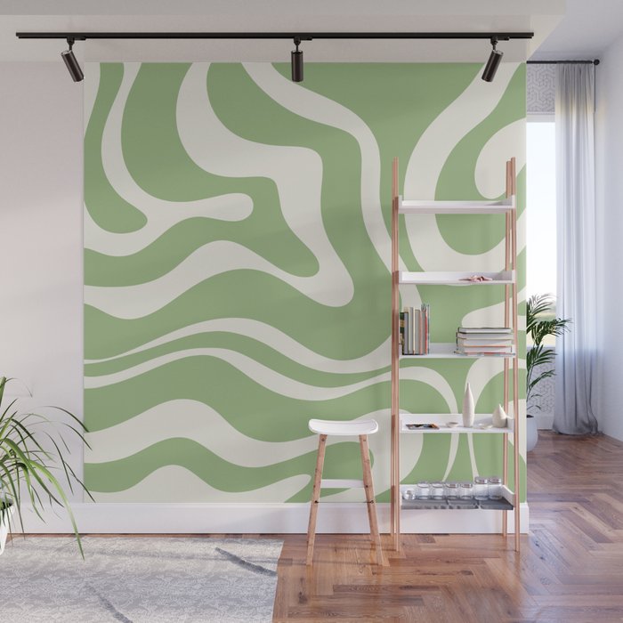 Modern Liquid Swirl Abstract Pattern in Light Sage Green and Cream Wall Mural Gallery Image 1