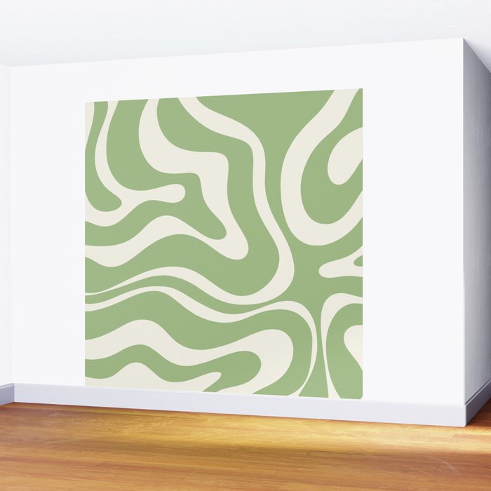 Modern Liquid Swirl Abstract Pattern in Light Sage Green and Cream Wall Mural Gallery Image 2