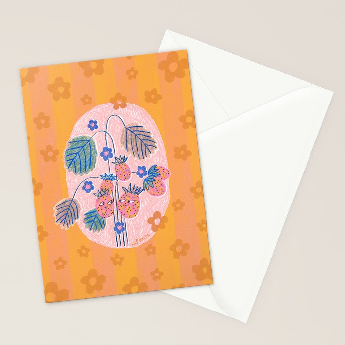 Sweet Strawberry Plant Friends in Peach & Orange Stationery Card Gallery Image 2