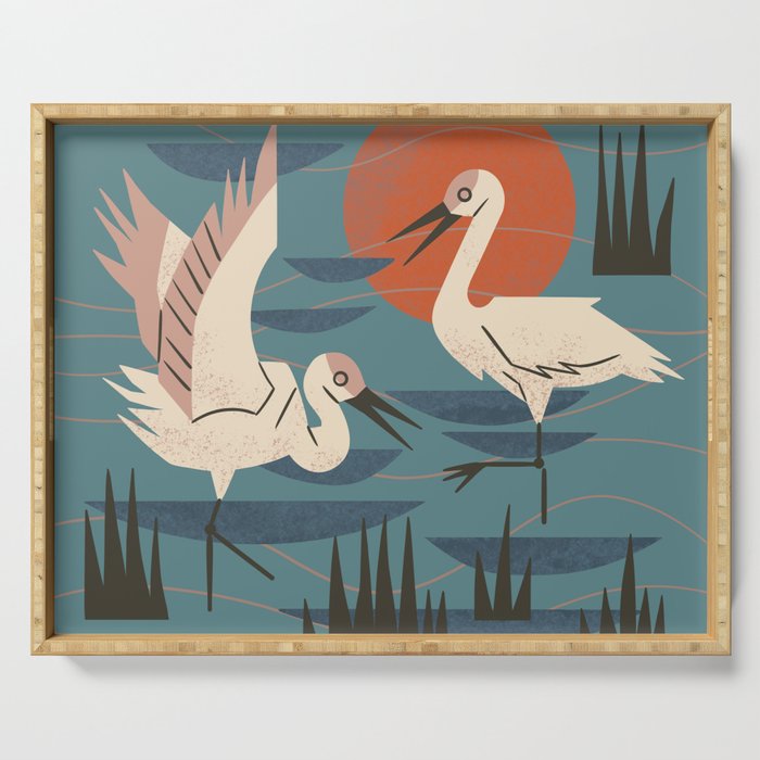 Cranes Wading At Sunset Serving Tray Gallery Image 1
