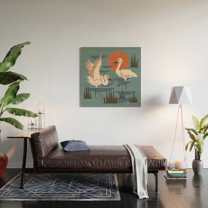 Cranes Wading At Sunset Wood Wall Art Gallery Image 2