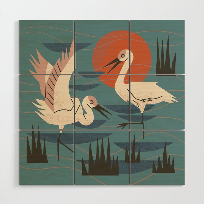 Cranes Wading At Sunset Wood Wall Art Gallery Image 1