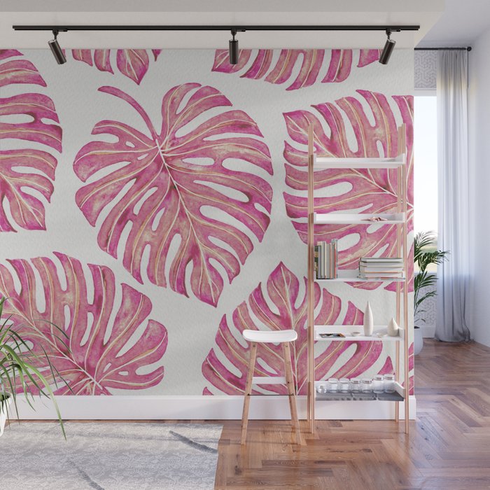 Watercolor Palm Leaves - Bright Pink Wall Mural Gallery Image 1