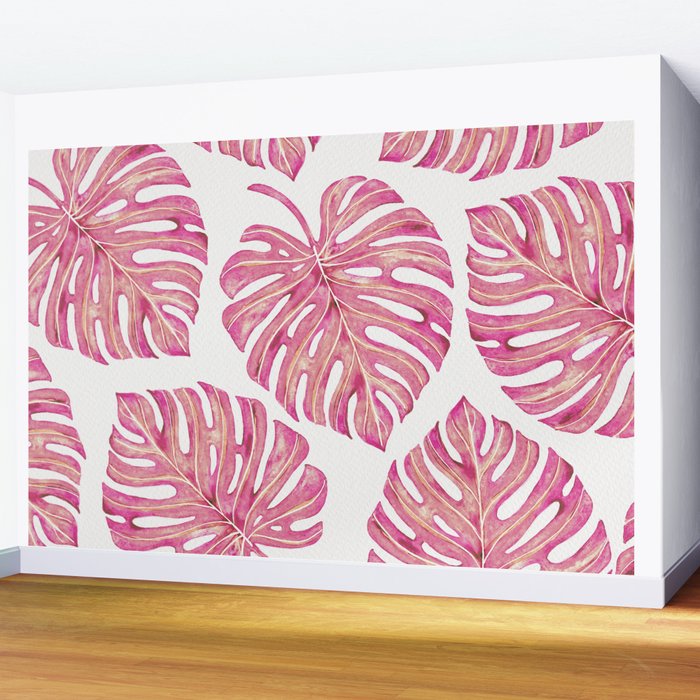 Watercolor Palm Leaves - Bright Pink Wall Mural Gallery Image 2
