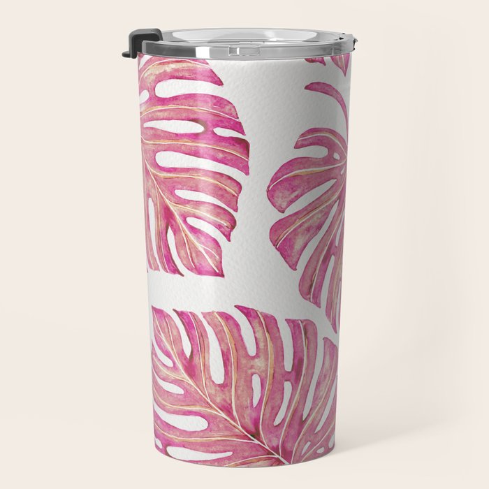 Watercolor Palm Leaves - Bright Pink Travel Mug Gallery Image 3