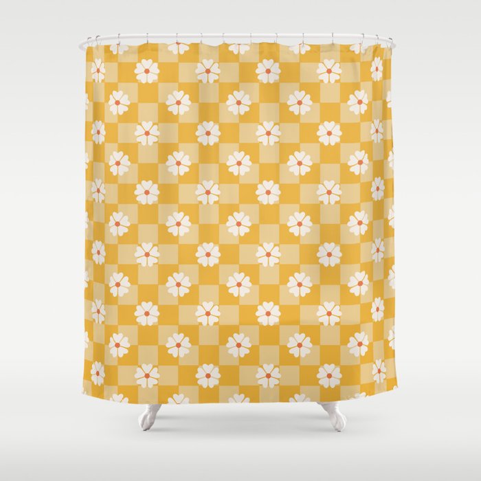 Daisies On Yellow Checkerboard Shower Curtain Gallery Image 1
