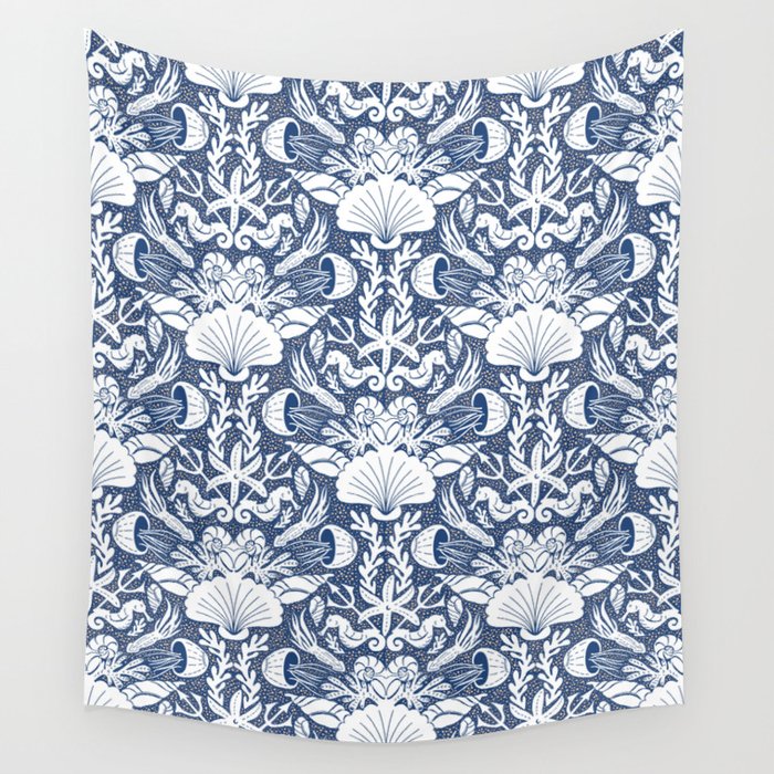 Neptune's joy blue damask reworked Wall Tapestry Gallery Image 1