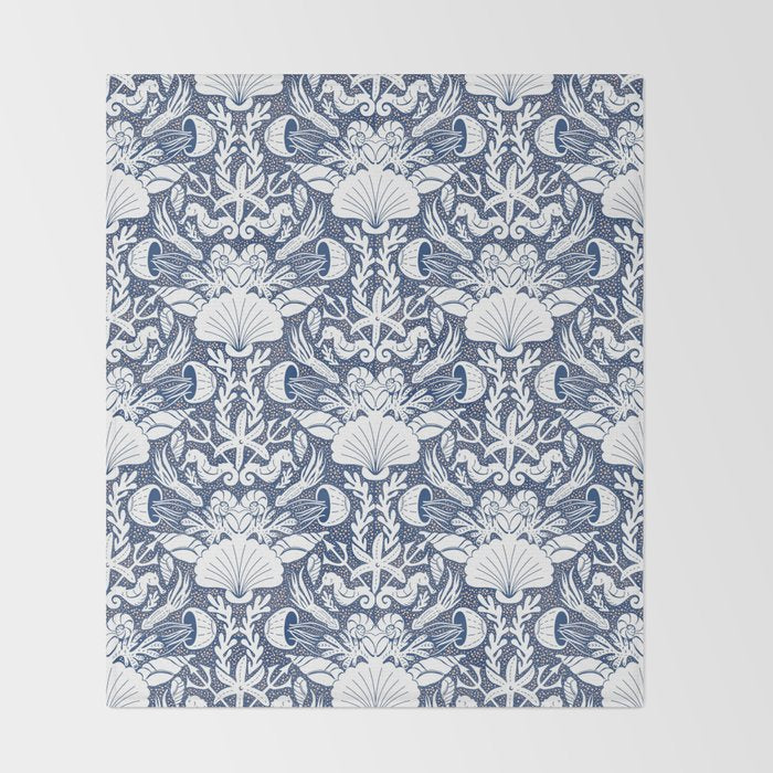 Neptune's joy blue damask reworked Throw Blanket Gallery Image 2