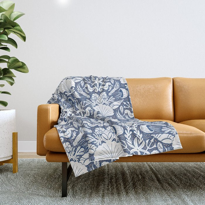 Neptune's joy blue damask reworked Throw Blanket Gallery Image 1
