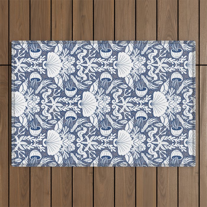 Neptune's joy blue damask reworked Outdoor Rug Gallery Image 1