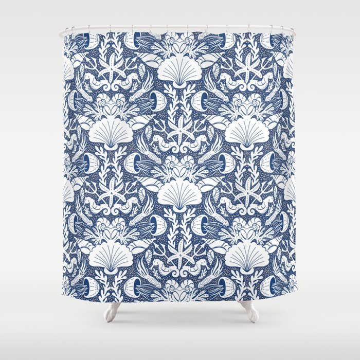 Neptune's joy blue damask reworked Shower Curtain Gallery Image 1