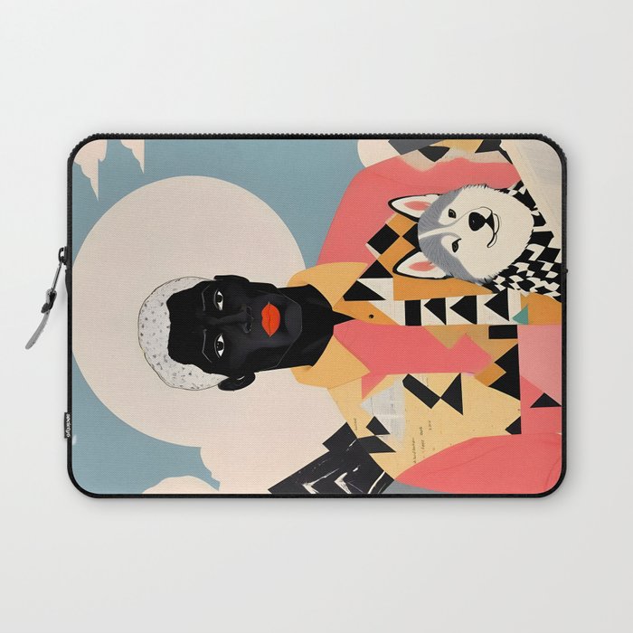 Winter Companion, Dog Pet Black Man Collage, Frosty Snow Mountain Travel Adventure, Eclectic Texture Concept Contemporary Modern Graphic Design Laptop Sleeve Gallery Image 1