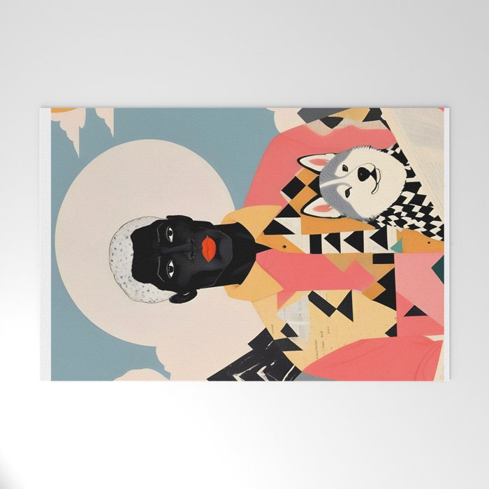 Winter Companion, Dog Pet Black Man Collage, Frosty Snow Mountain Travel Adventure, Eclectic Texture Concept Contemporary Modern Graphic Design Welcome Mat Gallery Image 1