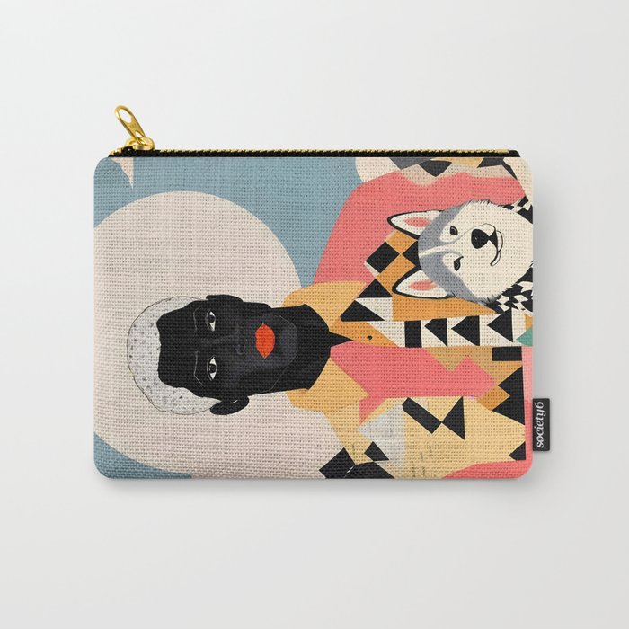 Winter Companion, Dog Pet Black Man Collage, Frosty Snow Mountain Travel Adventure, Eclectic Texture Concept Contemporary Modern Graphic Design Carry All Pouch Gallery Image 1