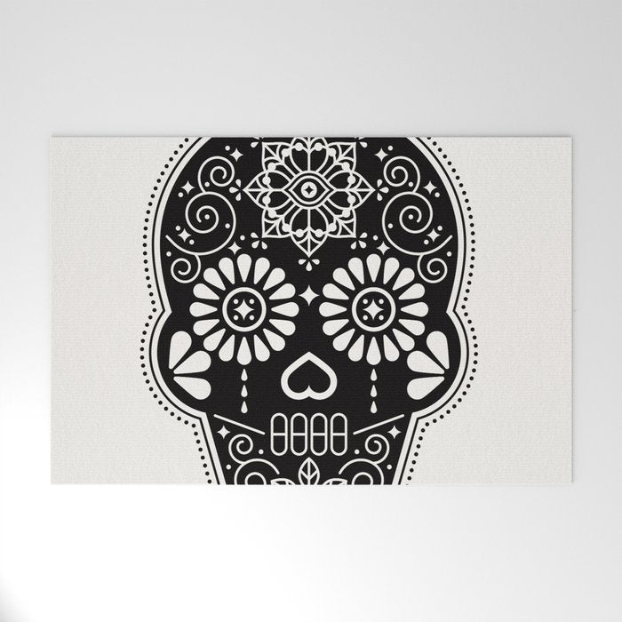 DÃ­a de Muertos Calavera â¢ Mexican Sugar Skull - Black Palette Welcome Mat Gallery Image 1