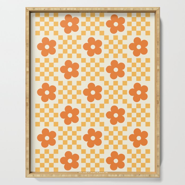 Retro Flower Double Checker in Yellow & Orange Serving Tray Gallery Image 1