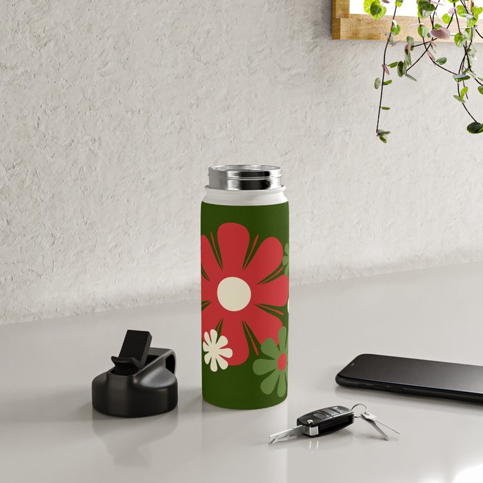 Flower Locus Retro Christmas 60s 70s Floral Pattern Xmas Green Red Cream Water Bottle Gallery Image 4
