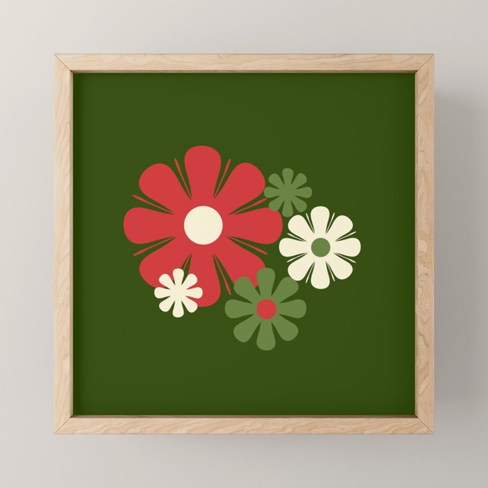 Flower Locus Retro Christmas 60s 70s Floral Pattern Xmas Green Red Cream Mini Art Print Gallery Image 1