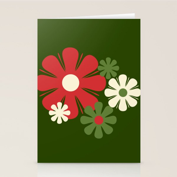 Flower Locus Retro Christmas 60s 70s Floral Pattern Xmas Green Red Cream Stationery Card Gallery Image 1