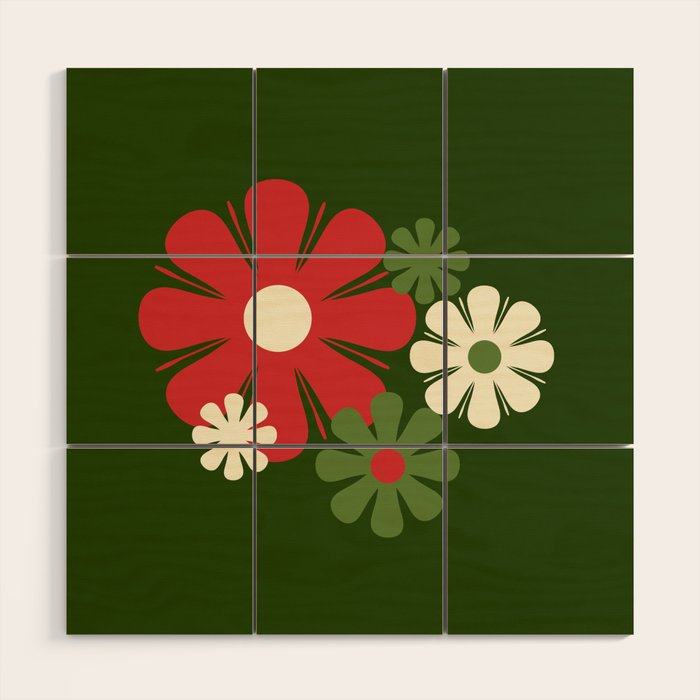 Flower Locus Retro Christmas 60s 70s Floral Pattern Xmas Green Red Cream Wood Wall Art Gallery Image 1