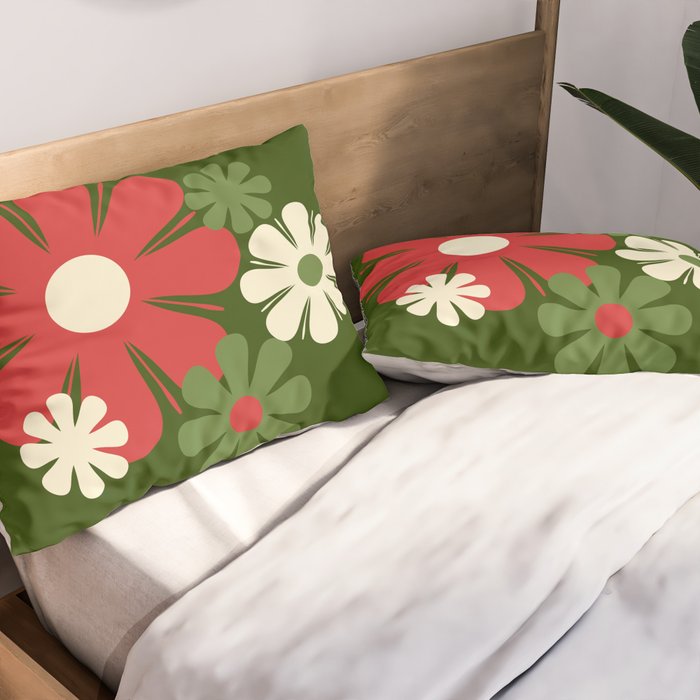 Flower Locus Retro Christmas 60s 70s Floral Pattern Xmas Green Red Cream Pillow Sham Gallery Image 2
