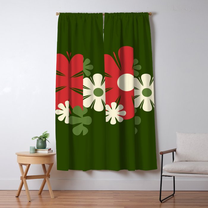 Flower Locus Retro Christmas 60s 70s Floral Pattern Xmas Green Red Cream Window Curtain Gallery Image 5