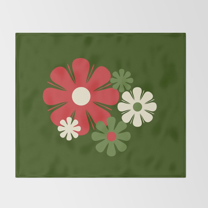 Flower Locus Retro Christmas 60s 70s Floral Pattern Xmas Green Red Cream Throw Blanket Gallery Image 2