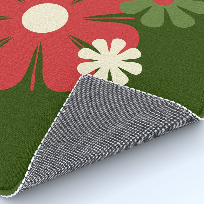 Flower Locus Retro Christmas 60s 70s Floral Pattern Xmas Green Red Cream Rug Gallery Image 4