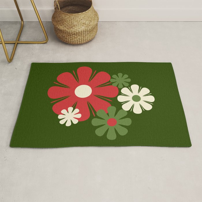 Flower Locus Retro Christmas 60s 70s Floral Pattern Xmas Green Red Cream Rug Gallery Image 1