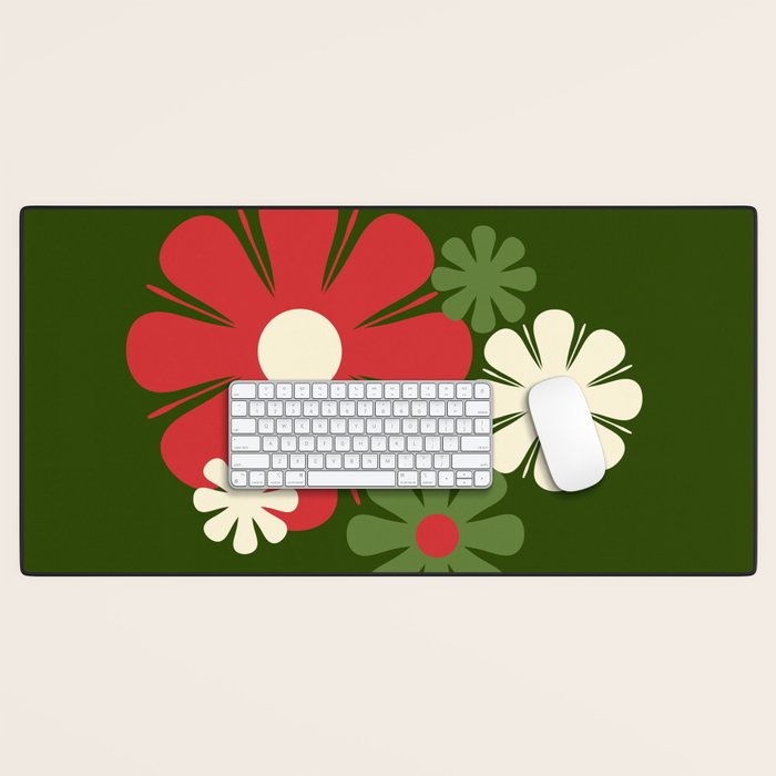 Flower Locus Retro Christmas 60s 70s Floral Pattern Xmas Green Red Cream Desk Mat Gallery Image 1