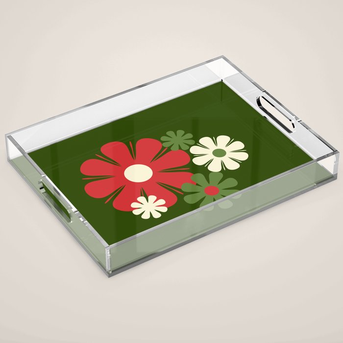 Flower Locus Retro Christmas 60s 70s Floral Pattern Xmas Green Red Cream Acrylic Tray Gallery Image 1