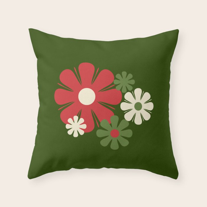 Flower Locus Retro Christmas 60s 70s Floral Pattern Xmas Green Red Cream Throw Pillow Gallery Image 6