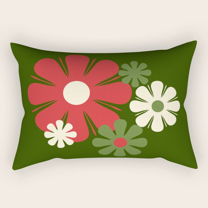 Flower Locus Retro Christmas 60s 70s Floral Pattern Xmas Green Red Cream Rectangular Pillow Gallery Image 1