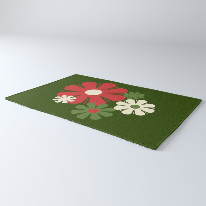 Flower Locus Retro Christmas 60s 70s Floral Pattern Xmas Green Red Cream Rug Gallery Image 3