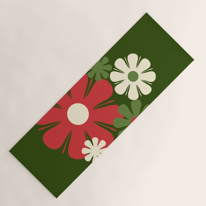 Flower Locus Retro Christmas 60s 70s Floral Pattern Xmas Green Red Cream Yoga Mat Gallery Image 1