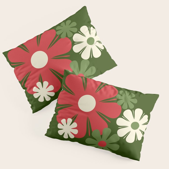 Flower Locus Retro Christmas 60s 70s Floral Pattern Xmas Green Red Cream Pillow Sham Gallery Image 3