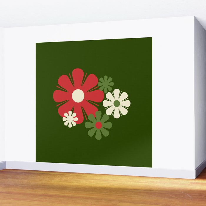 Flower Locus Retro Christmas 60s 70s Floral Pattern Xmas Green Red Cream Wall Mural Gallery Image 2