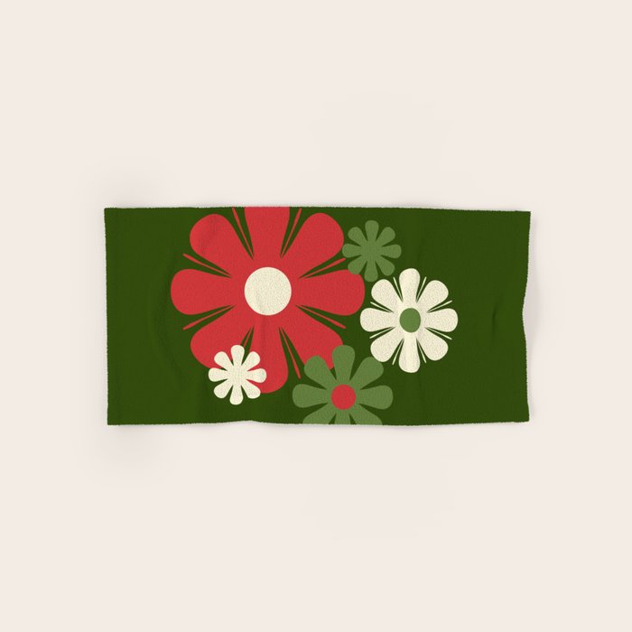 Flower Locus Retro Christmas 60s 70s Floral Pattern Xmas Green Red Cream Bath Towel Gallery Image 1