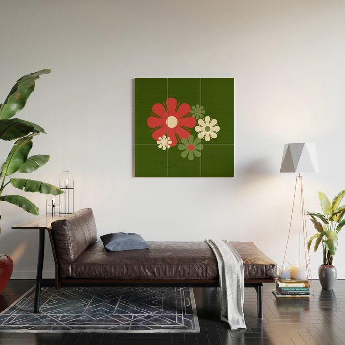 Flower Locus Retro Christmas 60s 70s Floral Pattern Xmas Green Red Cream Wood Wall Art Gallery Image 2