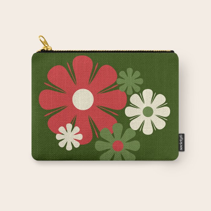 Flower Locus Retro Christmas 60s 70s Floral Pattern Xmas Green Red Cream Carry All Pouch Gallery Image 1