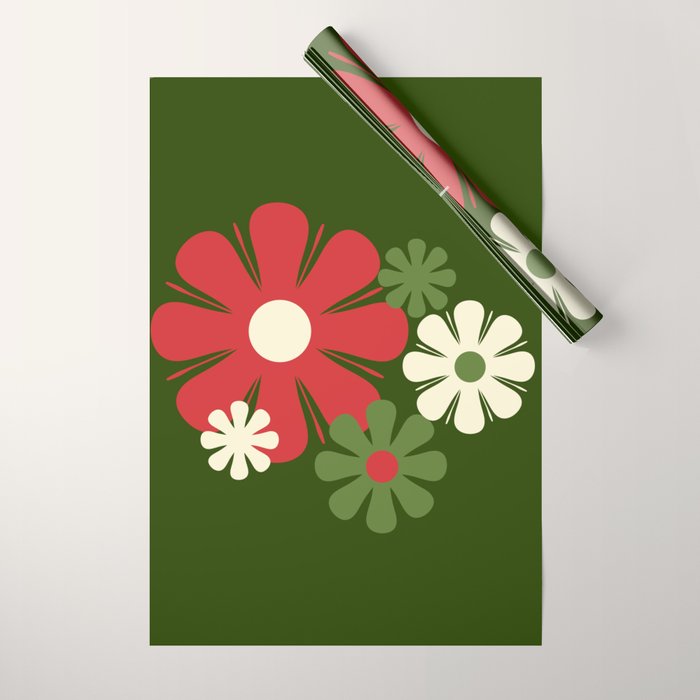 Flower Locus Retro Christmas 60s 70s Floral Pattern Xmas Green Red Cream Wrapping Paper Gallery Image 1