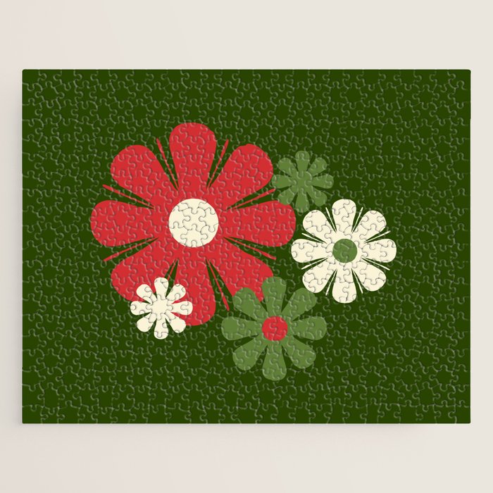Flower Locus Retro Christmas 60s 70s Floral Pattern Xmas Green Red Cream Jigsaw Puzzle Gallery Image 1